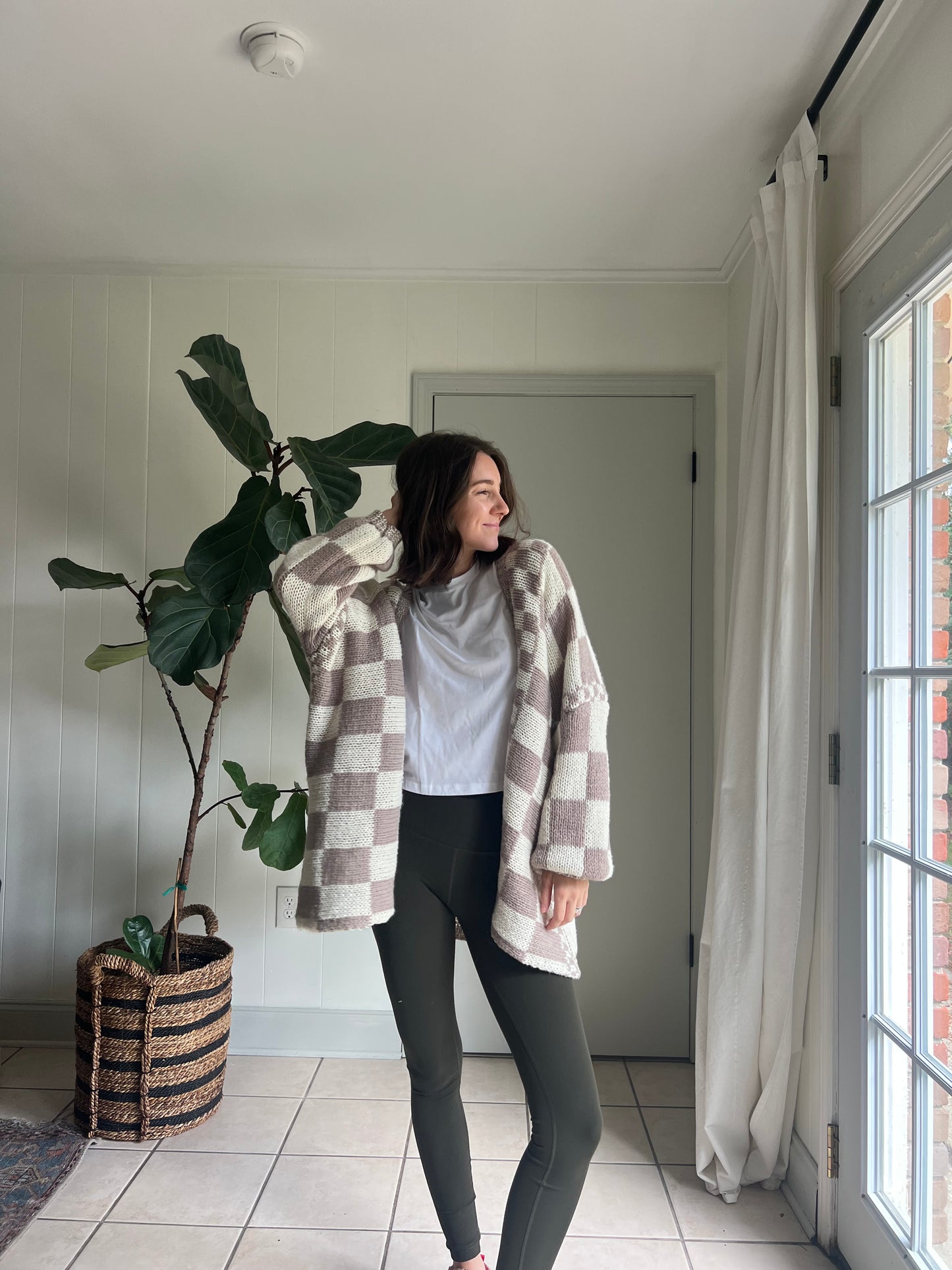 Checkered Open Front  Cardigan