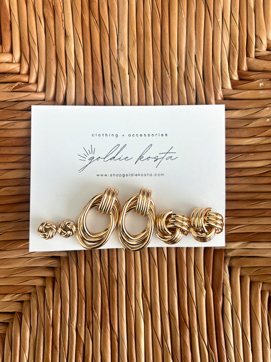 Trio Metal Knot and Hoop Earring Set