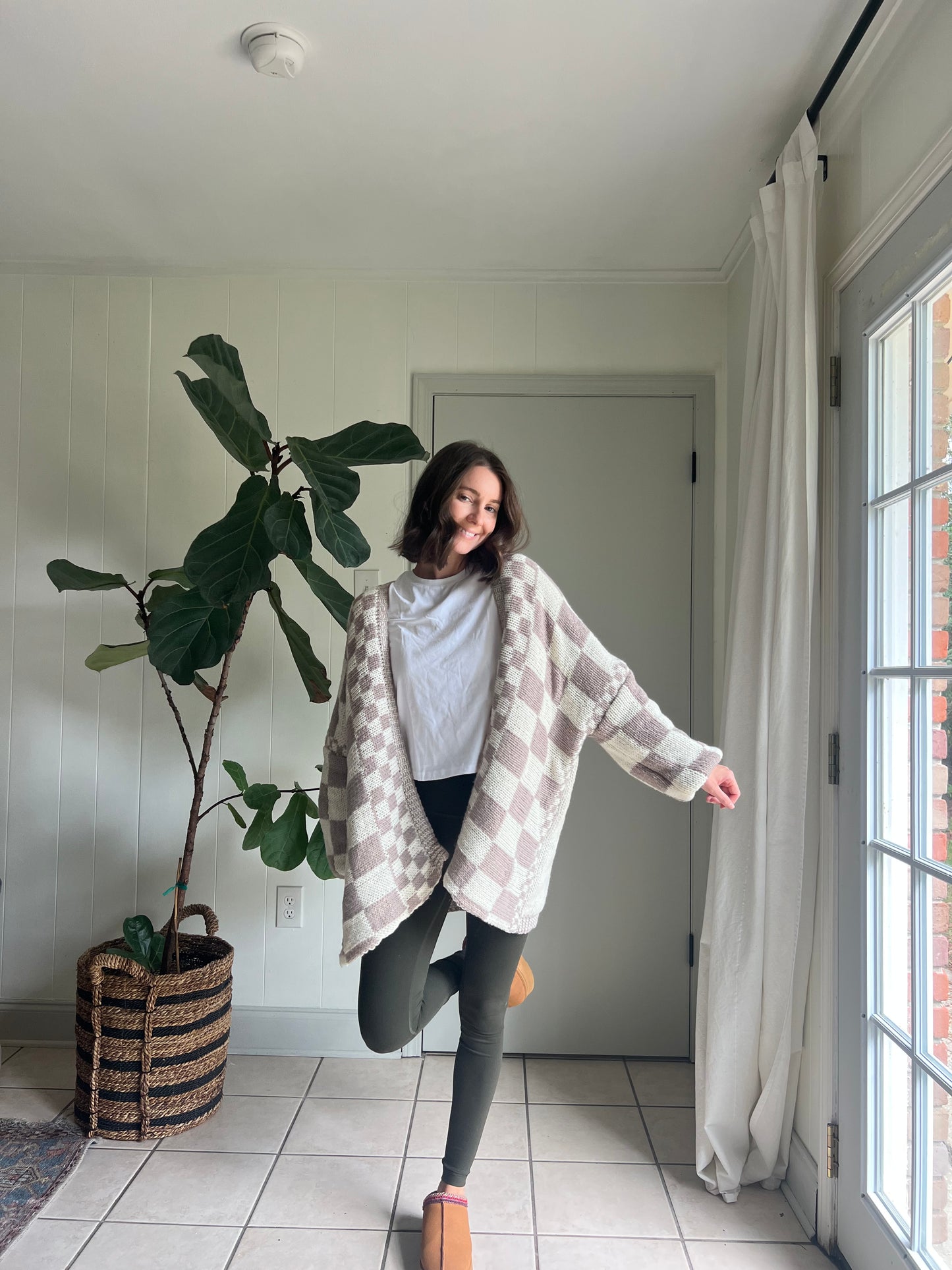 Checkered Open Front  Cardigan