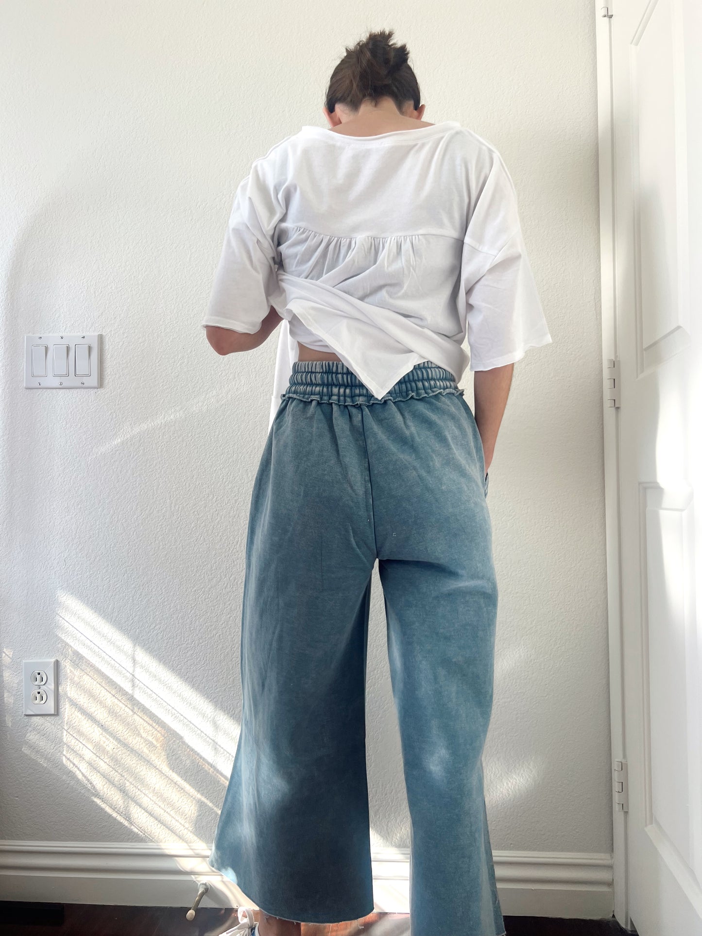 Washed Blue Wide Leg Cropped Sweatpants