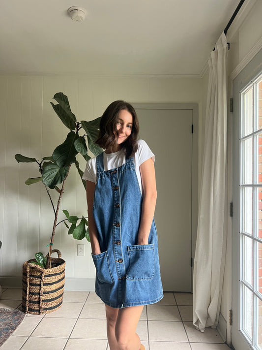 Square Neck Wide Strap Denim Overall Dress